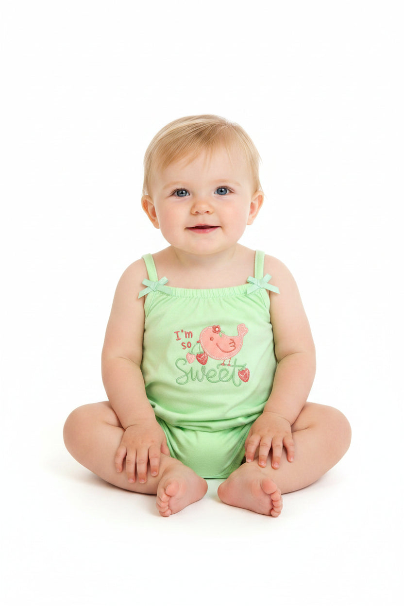 Light green baby romper with 'I'm so sweet' text and bird design on a white background