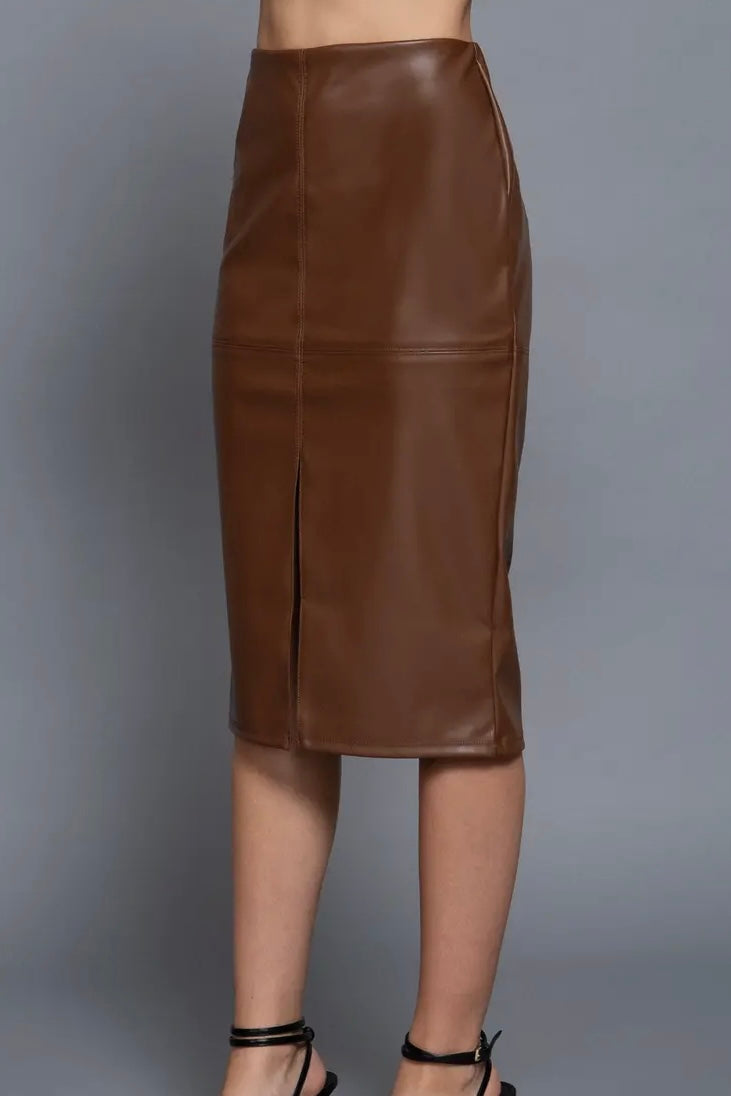 Faux Leather Midi Skirt - Brown - Calla Lily Cosmetics + CL kids