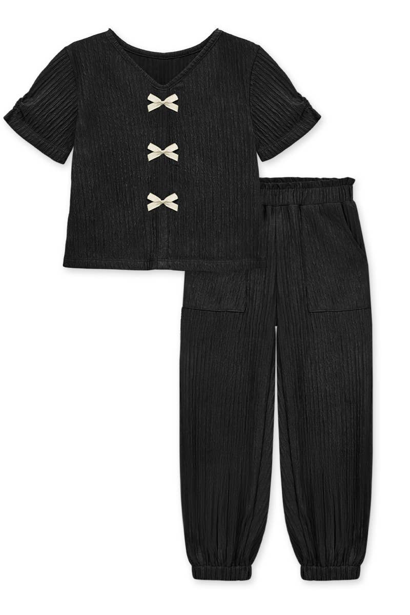 Girl's 2 pc Crinkle Plisse Pant Set w/Bow