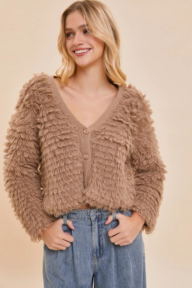 Mocha Fuzzy Crop Cardigan - Calla Lily Cosmetics + CL kids