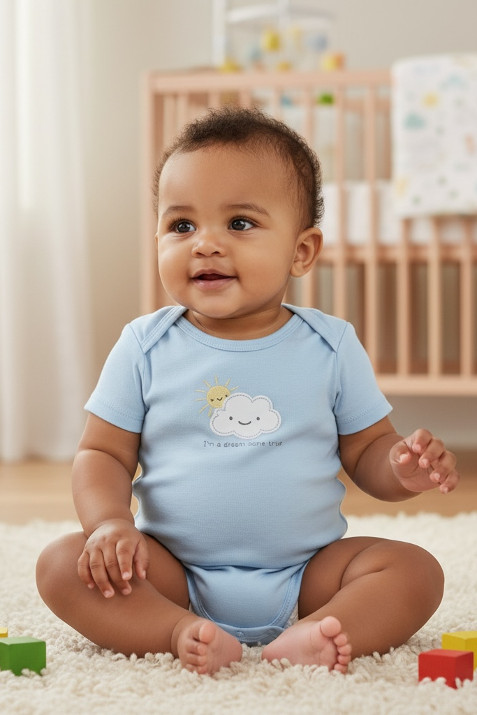 Baby sitting on a carpeted floor with colorful blocks, wearing a light blue onesie with a cloud design.
