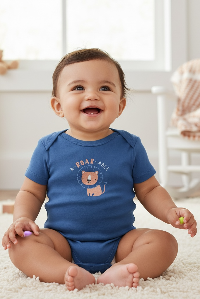 Baby wearing a blue onesie with a lion design and text, sitting on a carpeted floor.
