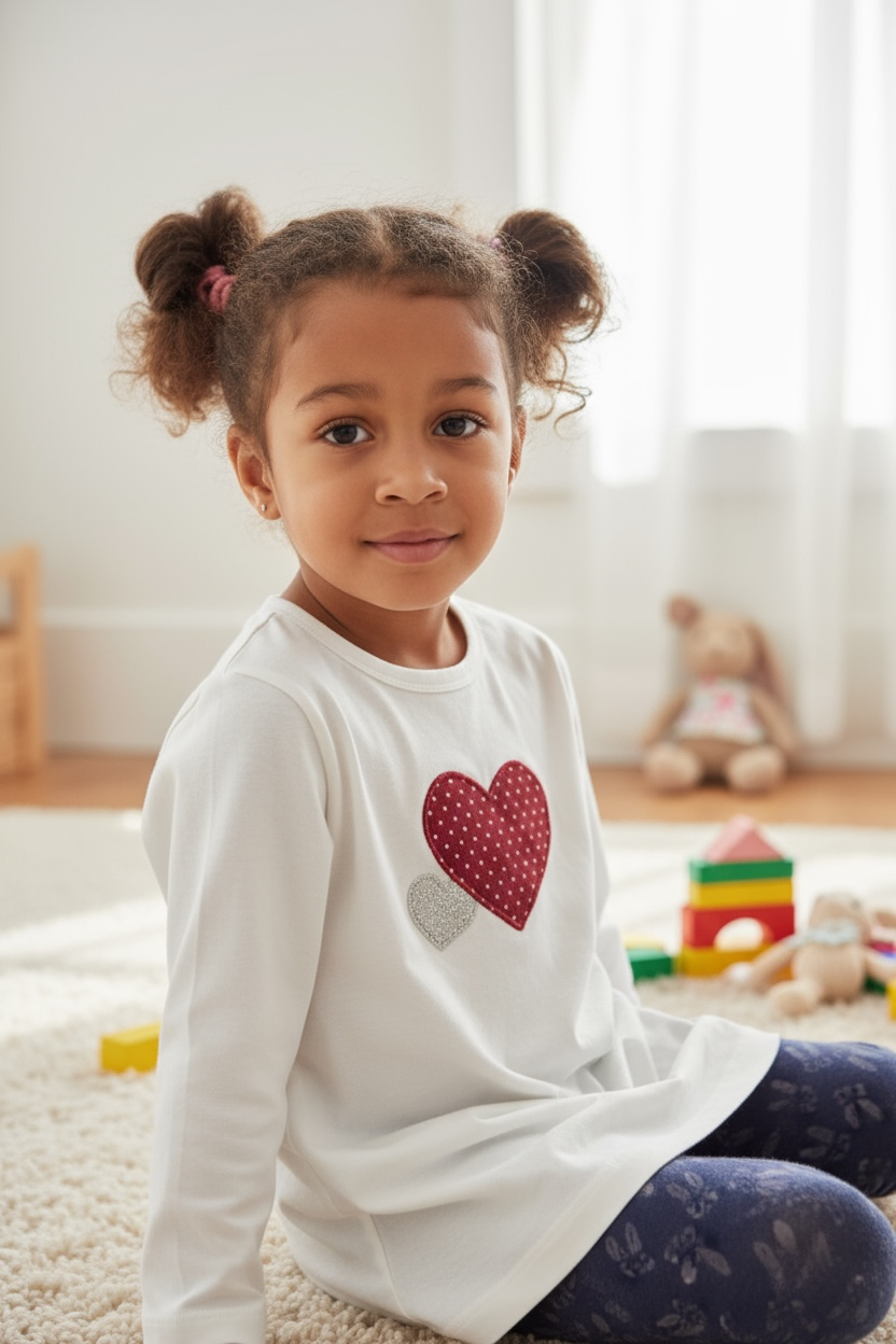 Young girl wearing a white dress with a red heart design, sitting on the floor in a room with toys.