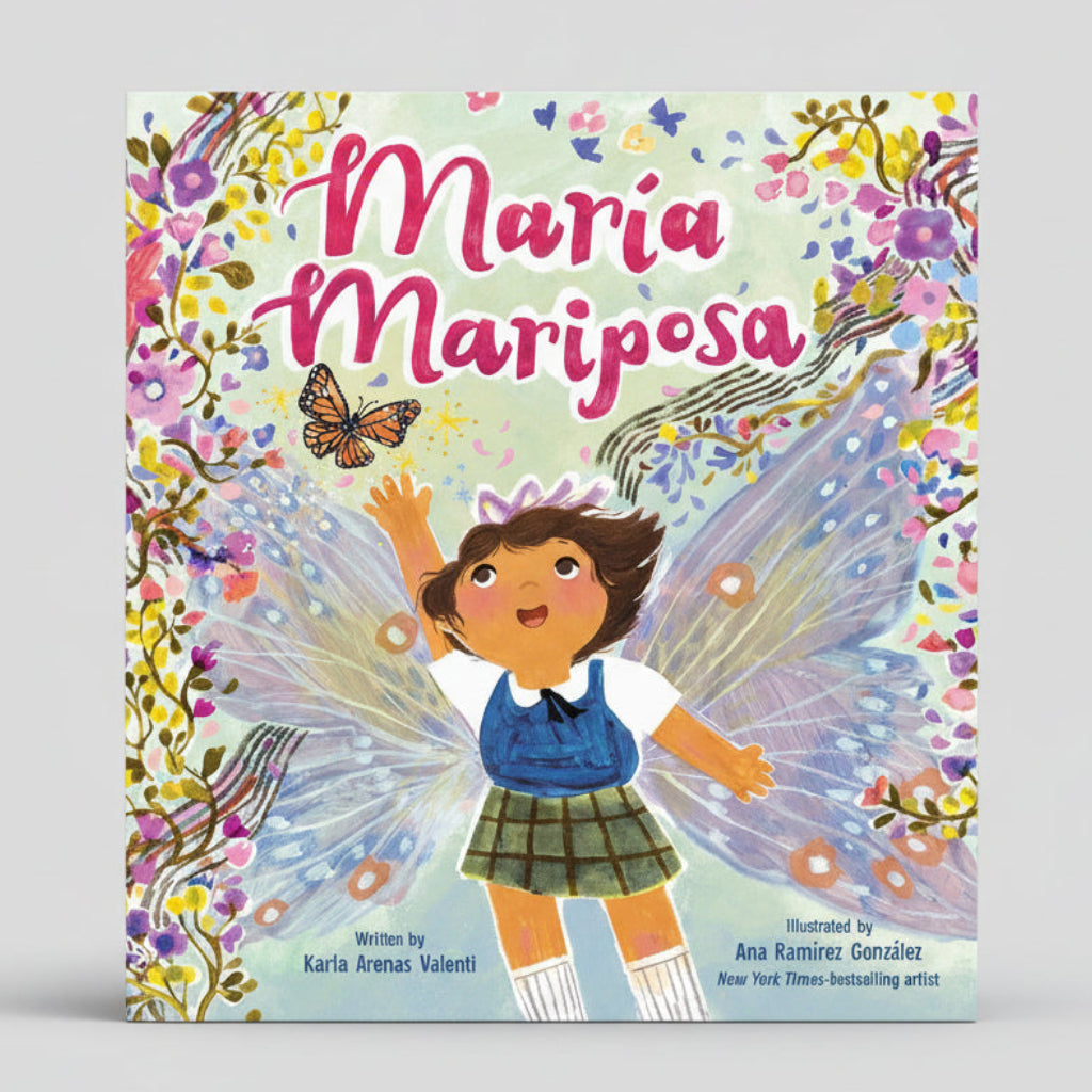 Book cover of 'Maria Mariposa' with a girl with butterfly wings and colorful flowers.