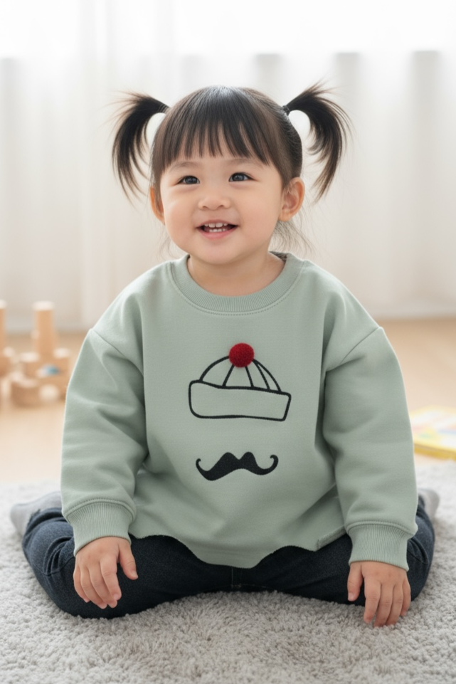 Child wearing a light green sweatshirt with a graphic design, sitting on a carpeted floor.