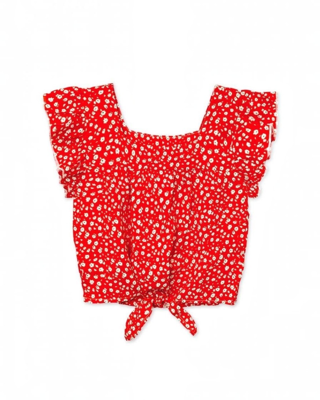 Girl's Fashion Top w/ Ruffle Sleeve & Tie-Front - Red