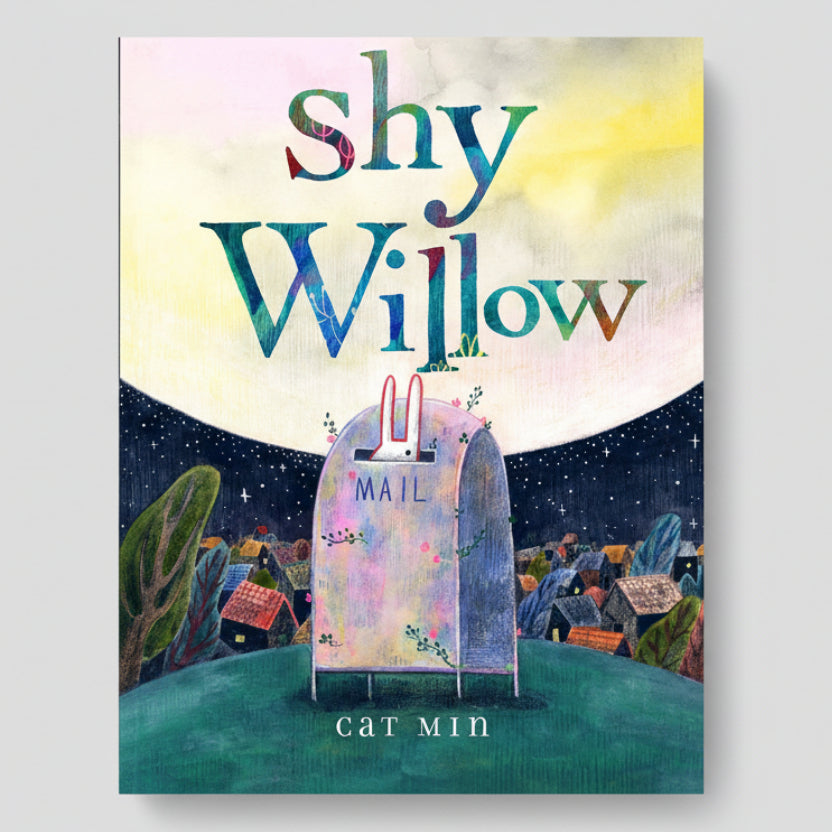 Book cover of 'Shy Willow' with a colorful mailbox and night sky illustration.