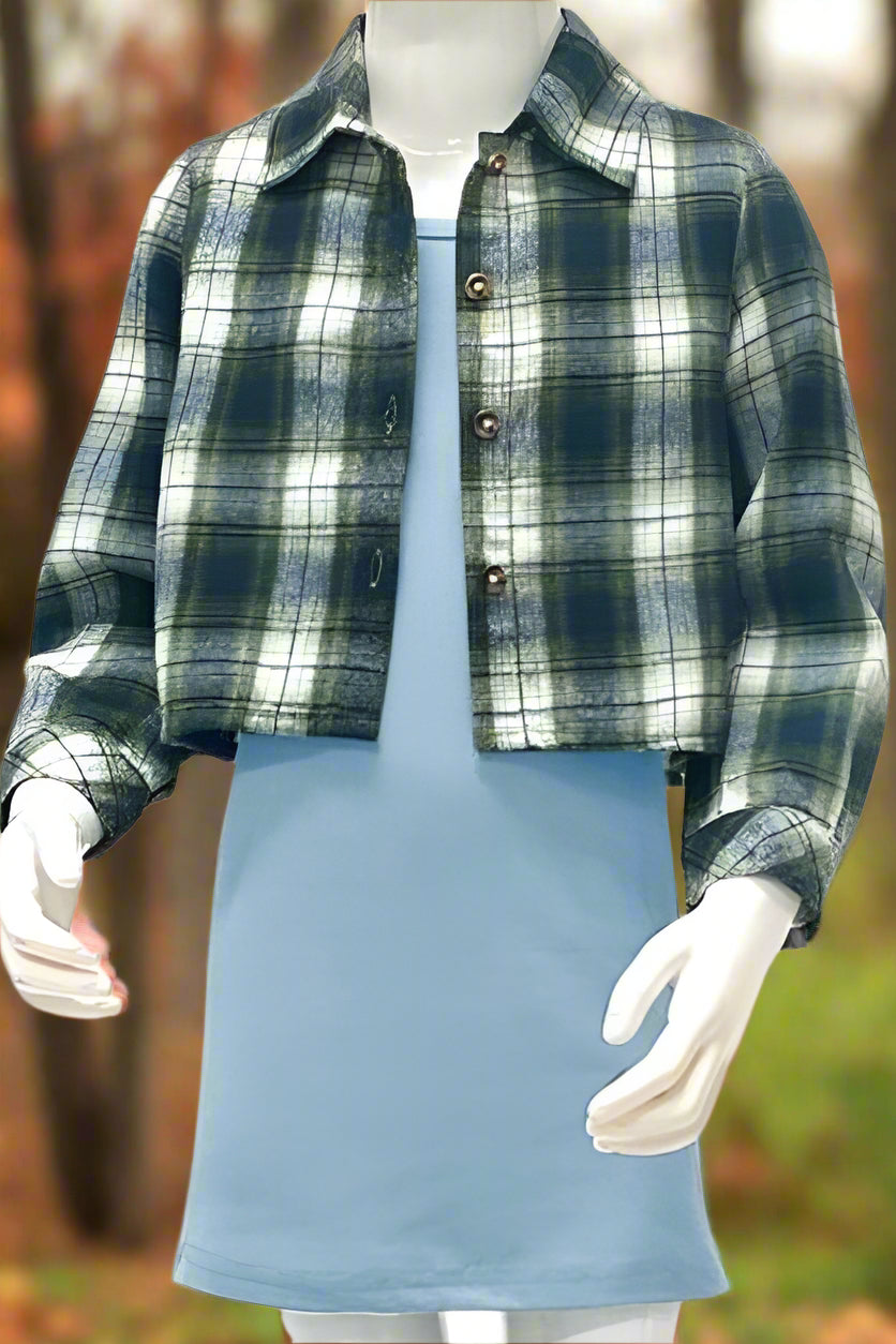Spaghetti Strap Blue Grey Dress & Green Flannel Shirt - Calla Lily Cosmetics + CL kids