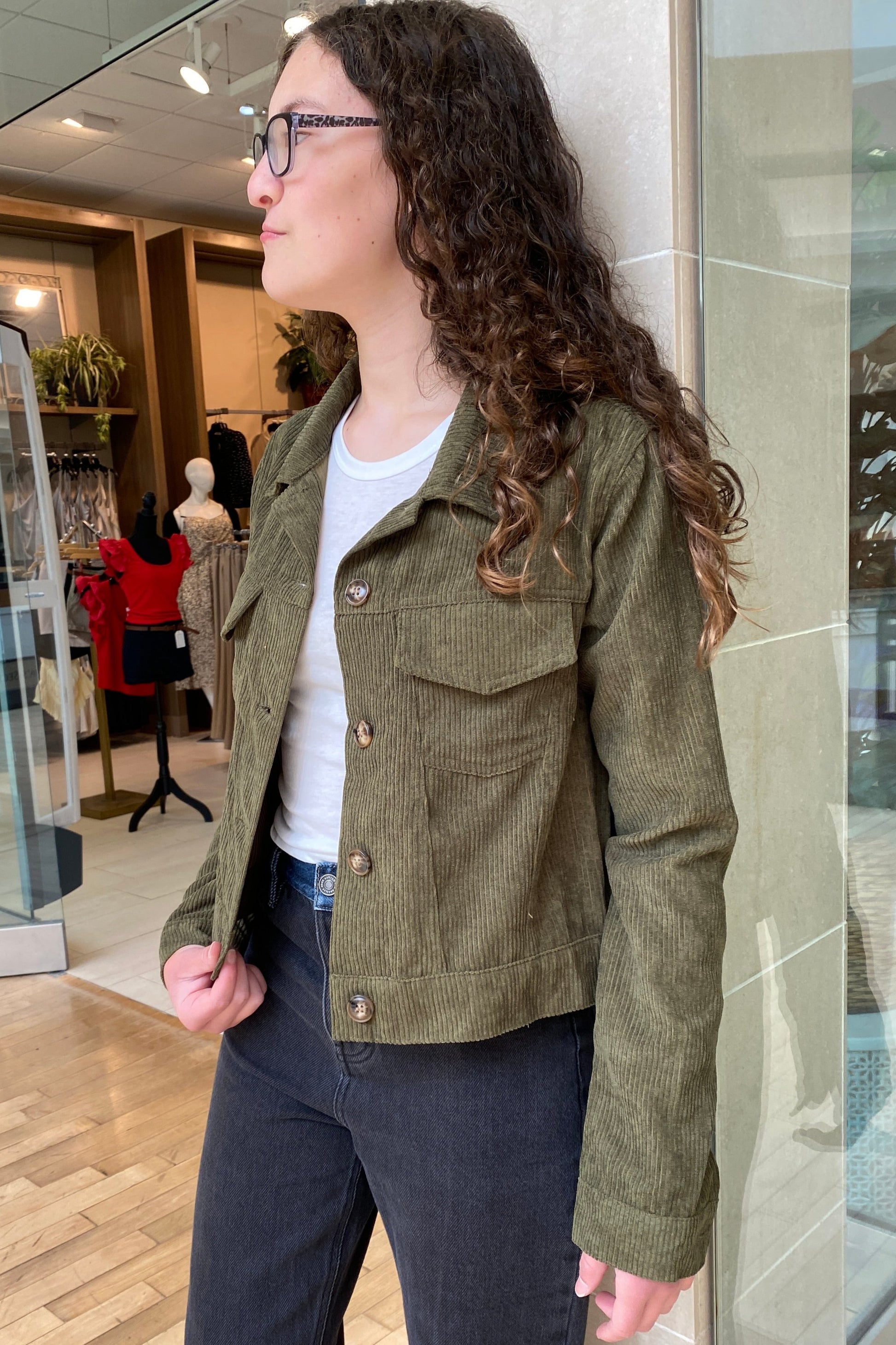 Junior - Olive Green Corduroy Jacket - Calla Lily Cosmetics + CL kids