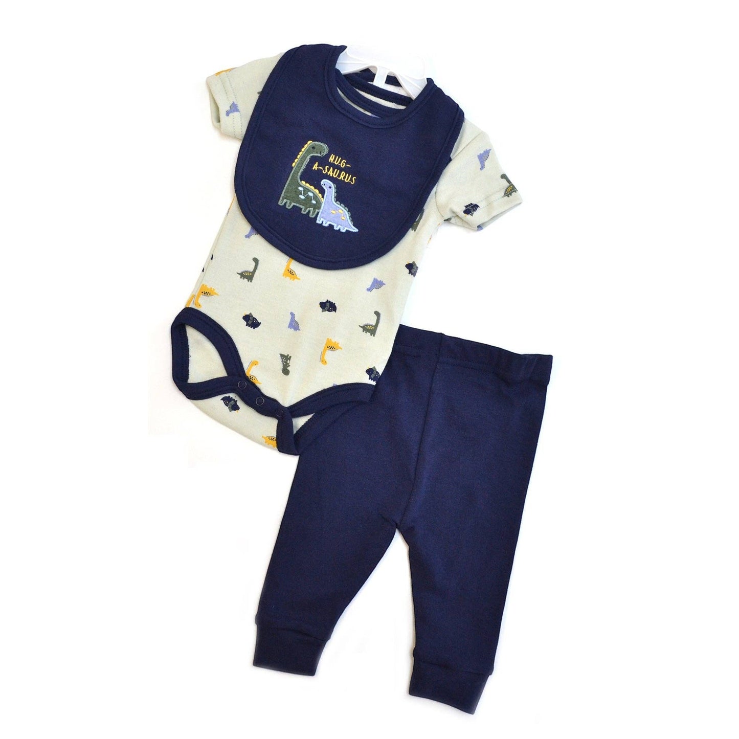 Baby outfit set with onesie, bib, and pants on a white background