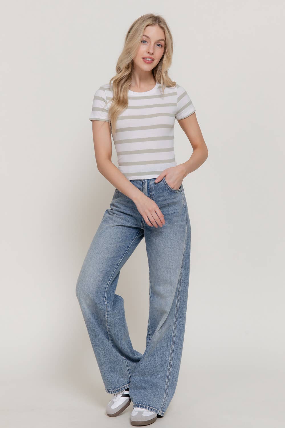 Short Sleeve Sage Stripe Crop Top