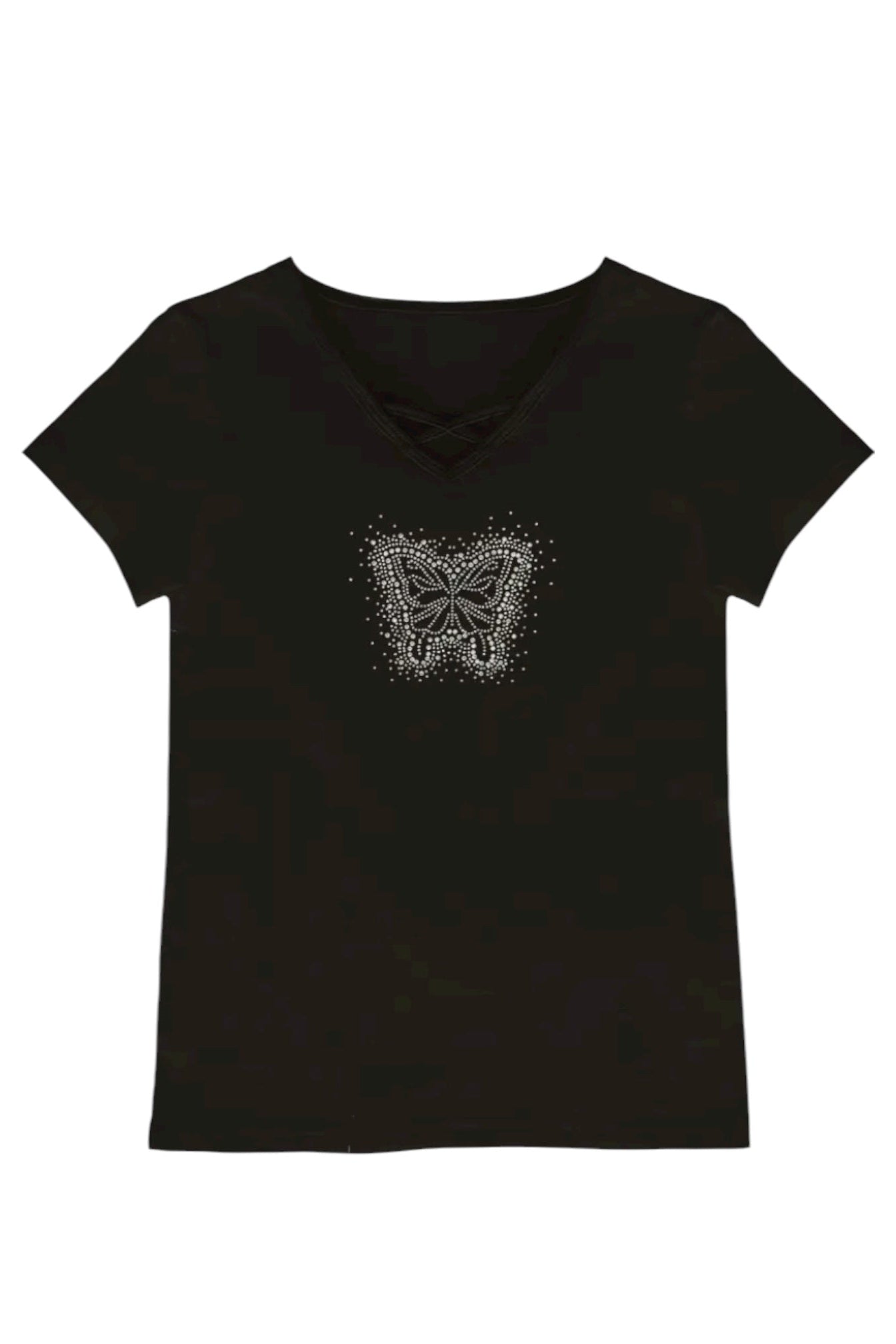 Black t-shirt with a white butterfly design on a white background