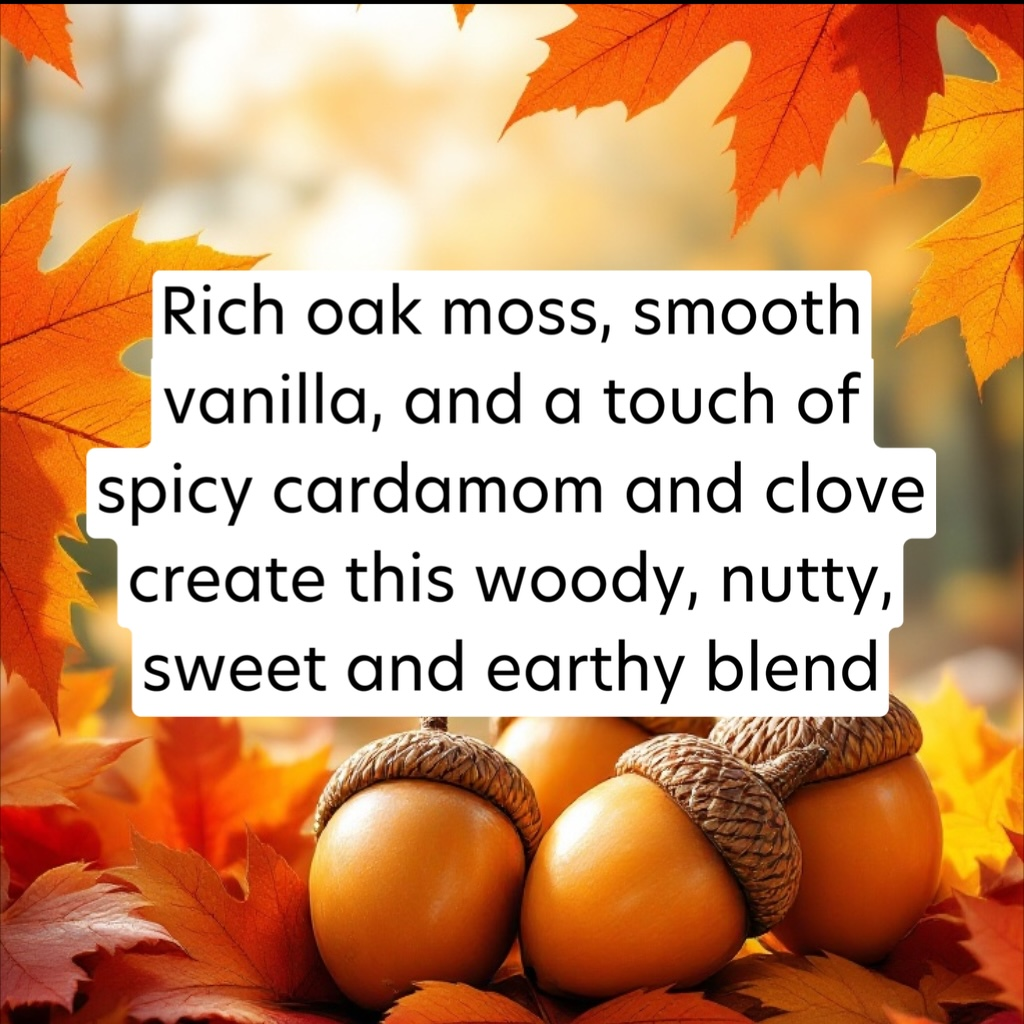 Text overlay on autumn leaves and acorns with descriptive text about a blend.