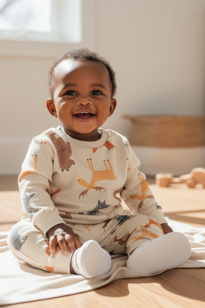 Baby sitting on a wooden floor wearing a patterned onesie in a bright room.