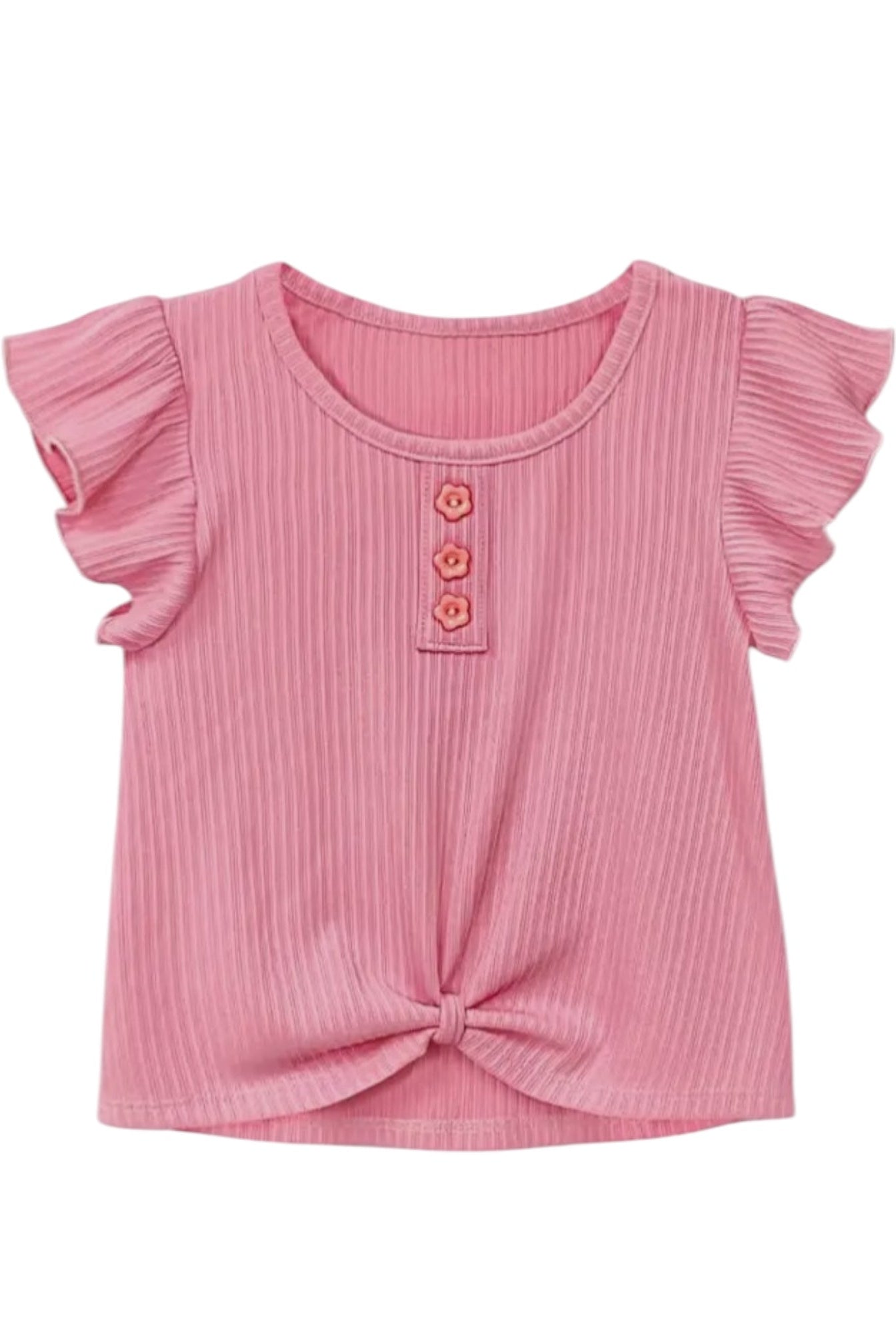Pink ribbed top with ruffled sleeves and a knot detail on a white background