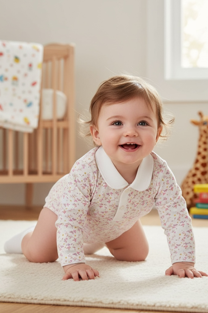 Baby crawling on a rug in a nursery with a crib and toys in the background