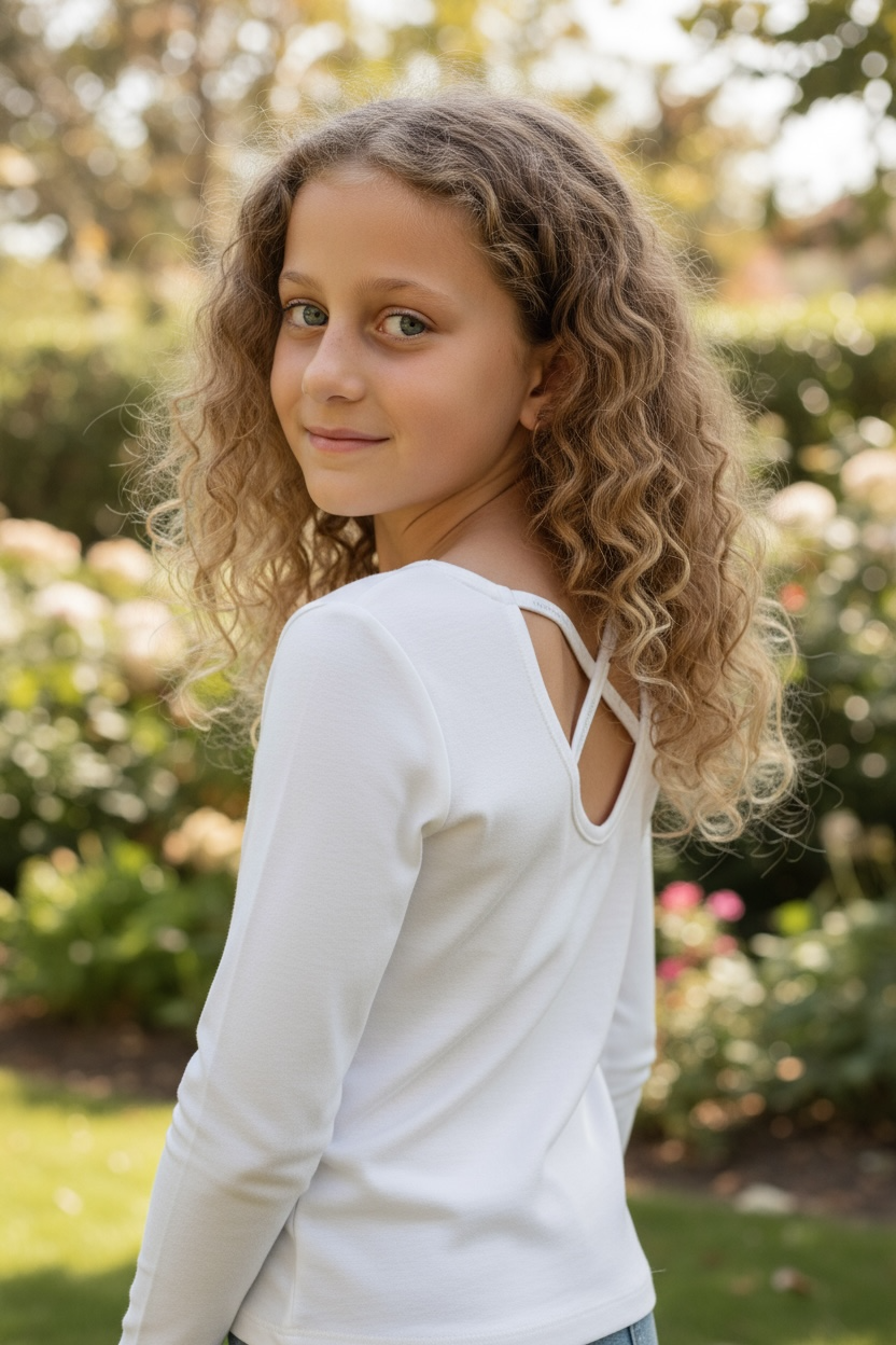 Young girl with curly hair wearing a white long-sleeve top in a garden setting
