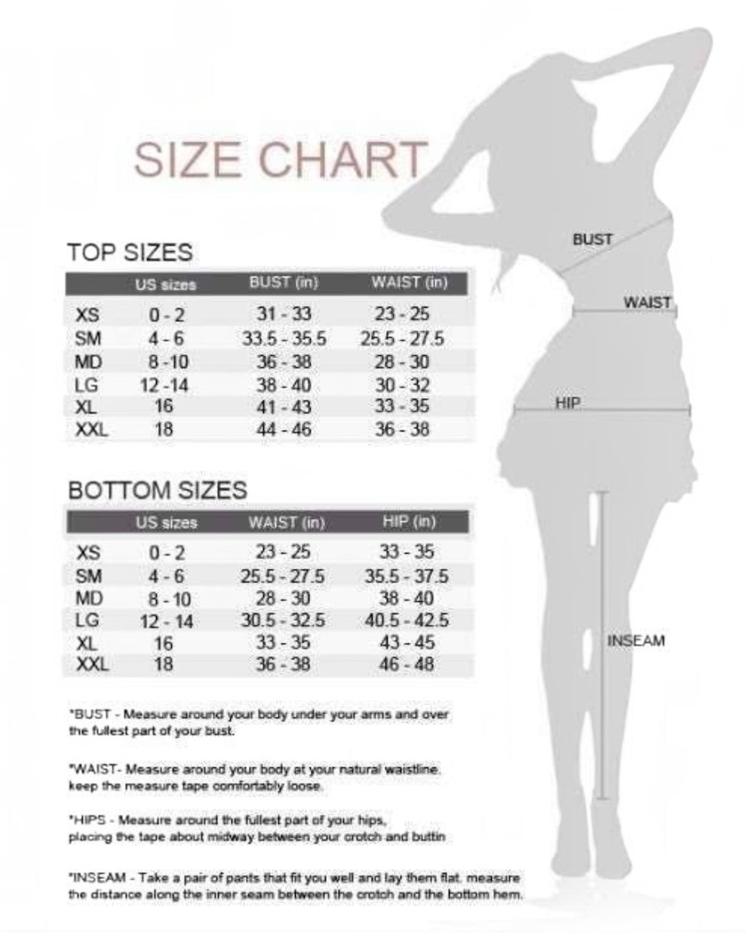 Size chart for clothing with a silhouette of a person and measurement instructions.