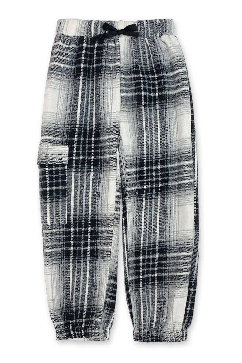 black and white plaid pants on white background