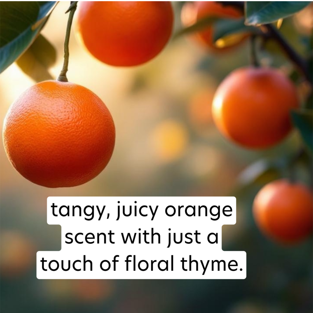 Oranges hanging on a tree with a text overlay describing their scent.