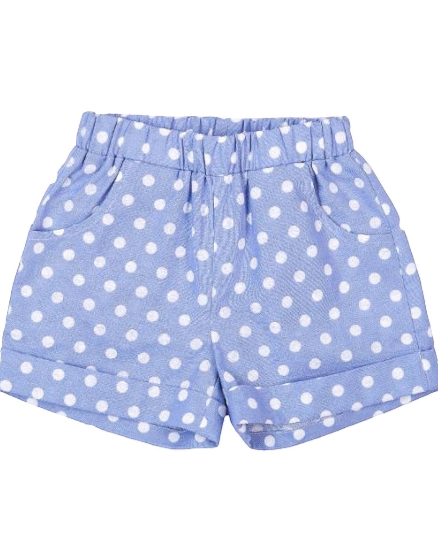 Blue shorts with white polka dots on a white background
