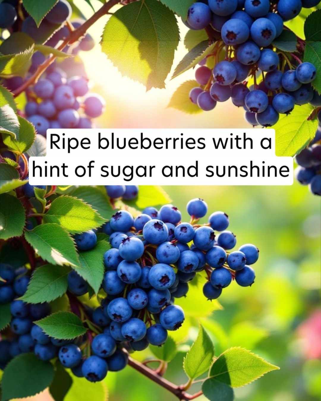 Ripe blueberries with green leaves and a bright background