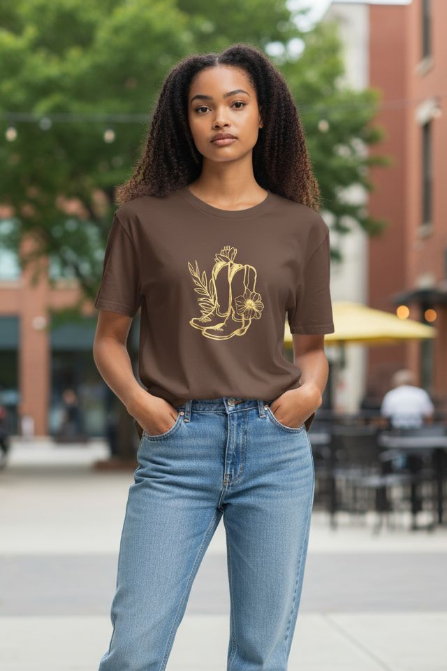 Woman wearing a brown t-shirt with a graphic design and blue jeans standing on a sidewalk.