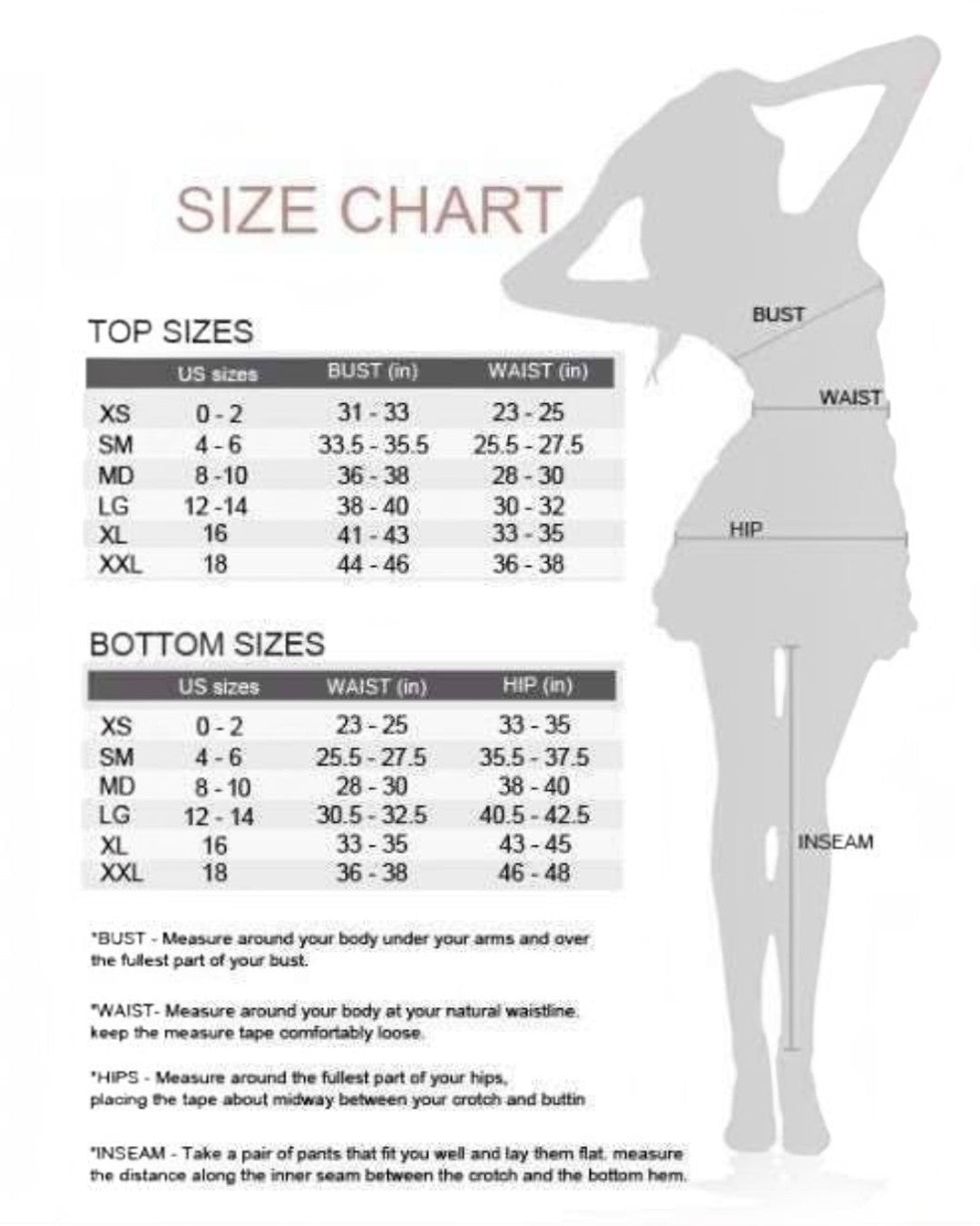 Size chart for clothing with a silhouette of a person and measurement instructions.