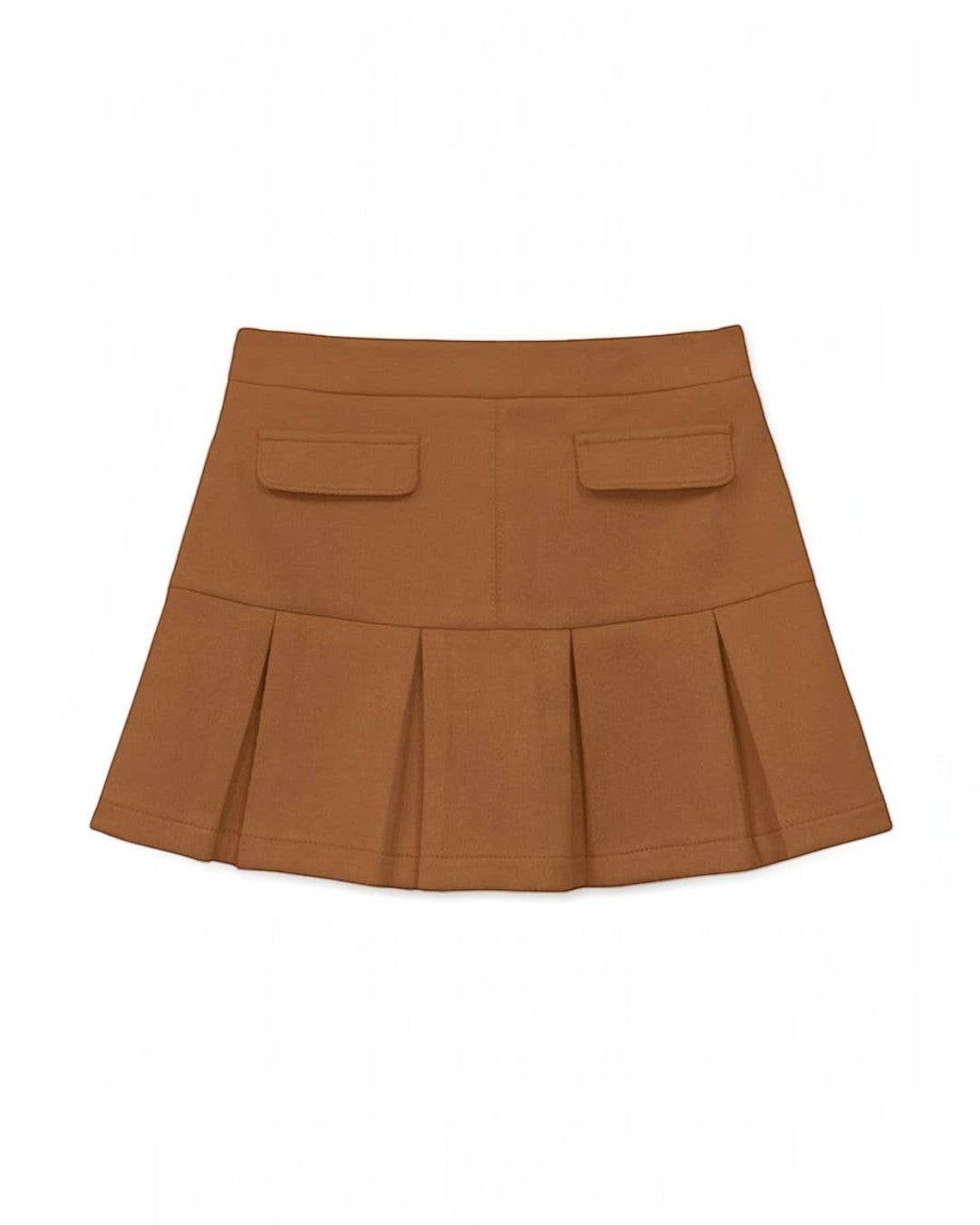 Brown pleated skirt with two front pockets on a white background