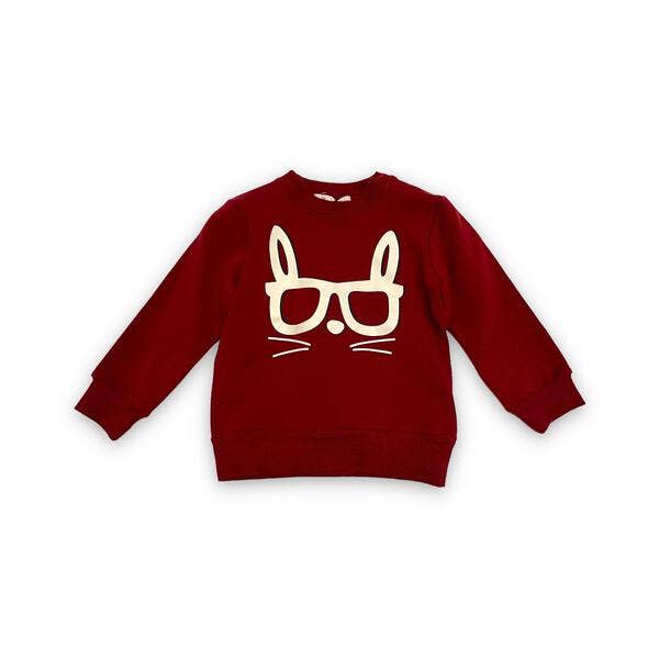 Red sweatshirt with a white graphic design on a white background