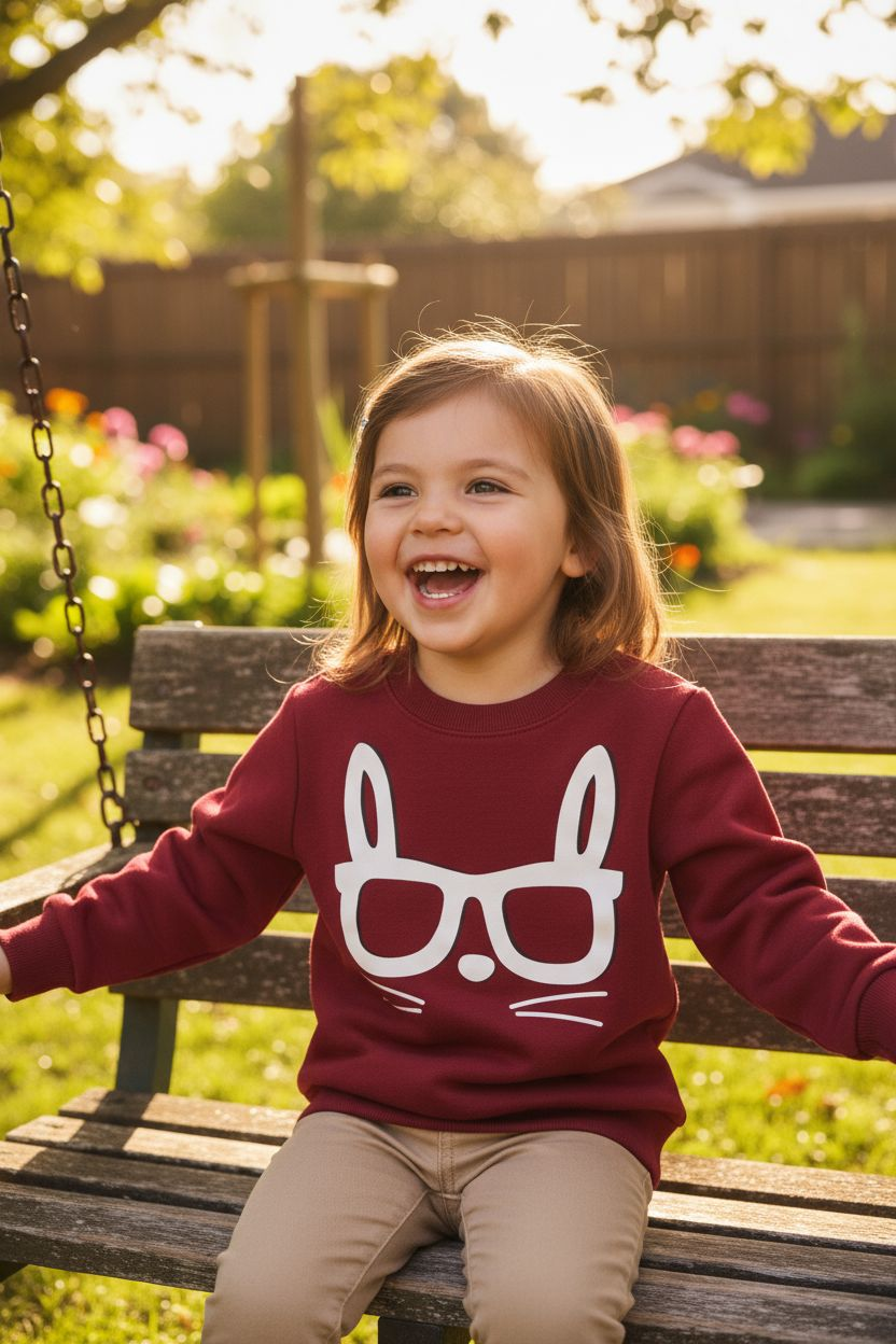Child wearing a maroon sweatshirt with a white graphic, sitting on a wooden bench in a garden.