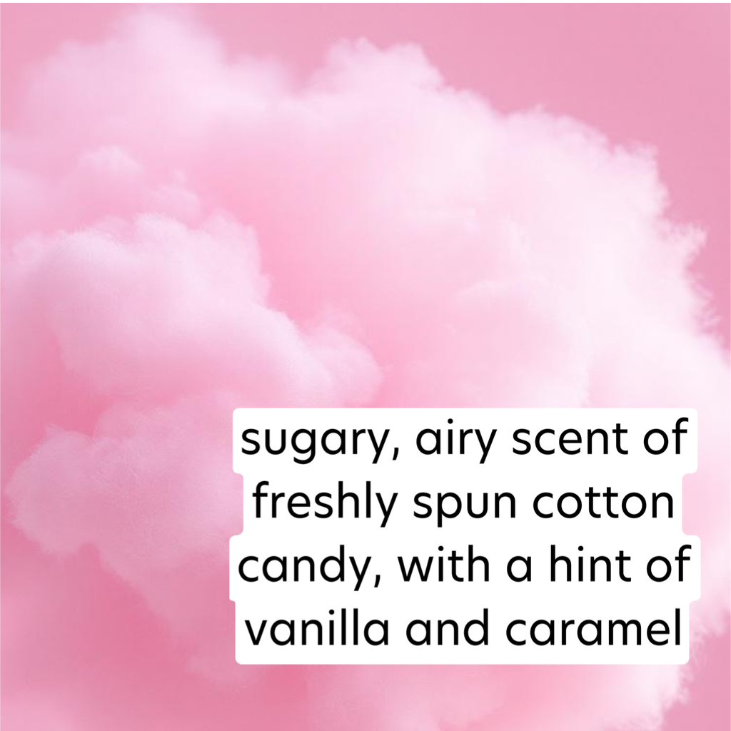 Pink cotton candy with text describing its scent on a pink background