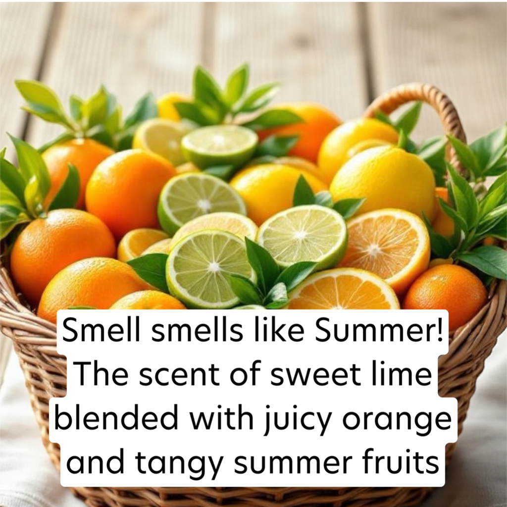 Basket of oranges, lemons, and limes with text overlay on a wooden surface