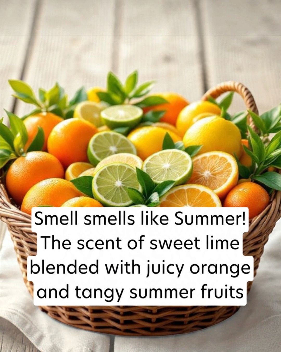 Basket of oranges, lemons, and limes with text overlay on a wooden surface