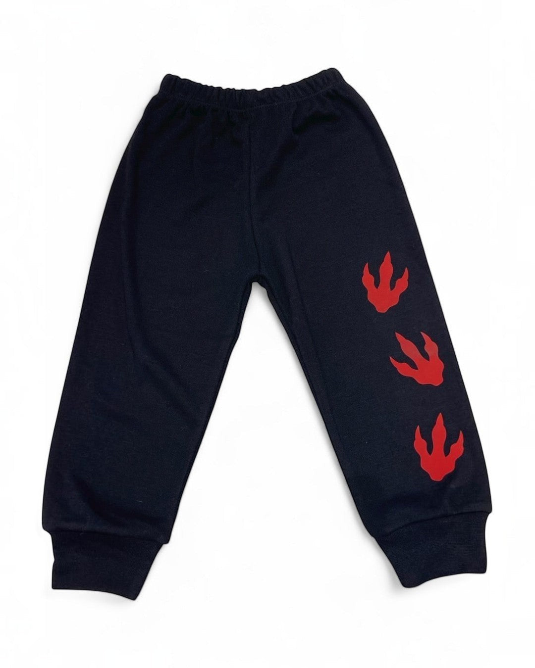 Black sweatpants with red bird footprints on a white background