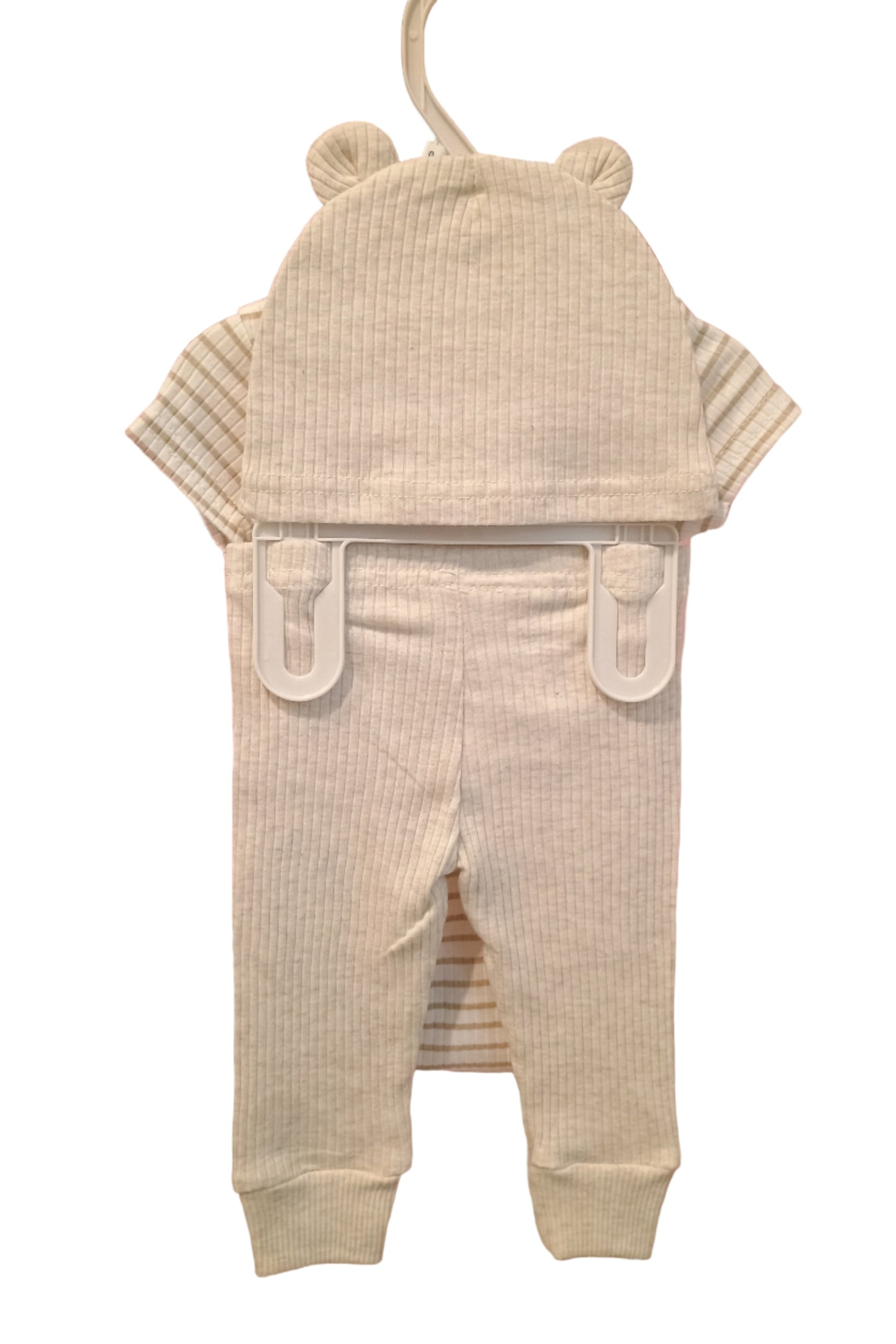 Baby outfit with a short sleeve onesie and pants with a hat on a white background
