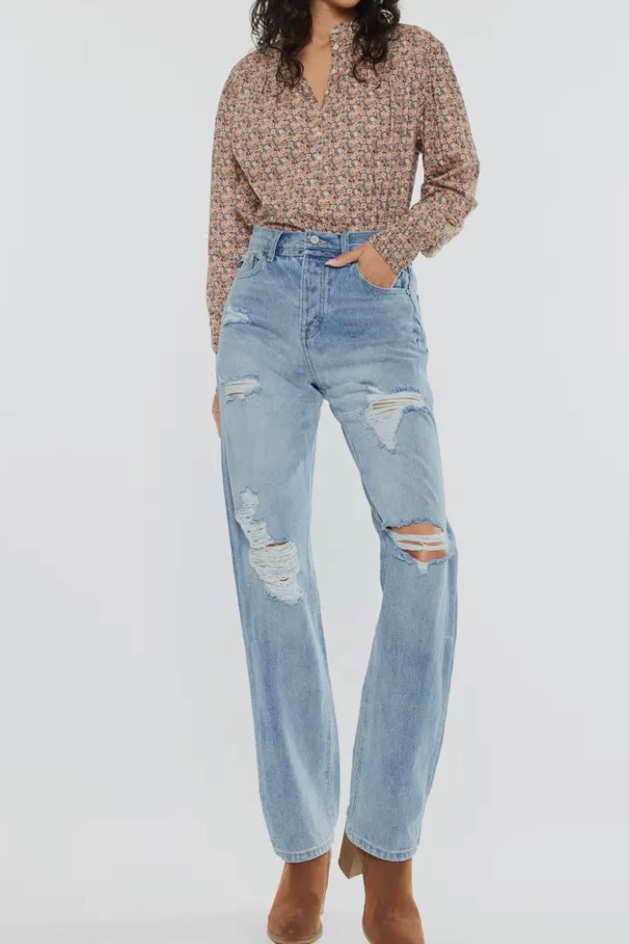 Kan Can Distressed Straight Leg Jeans - Calla Lily Cosmetics + CL kids