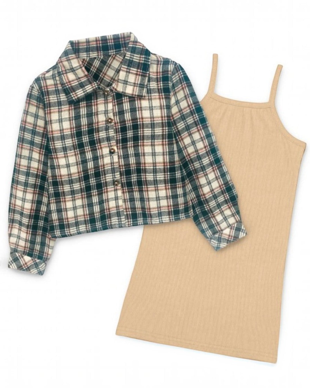 Spaghetti Strap Tan Dress & Black Flannel Shirt - Calla Lily Cosmetics + CL kids