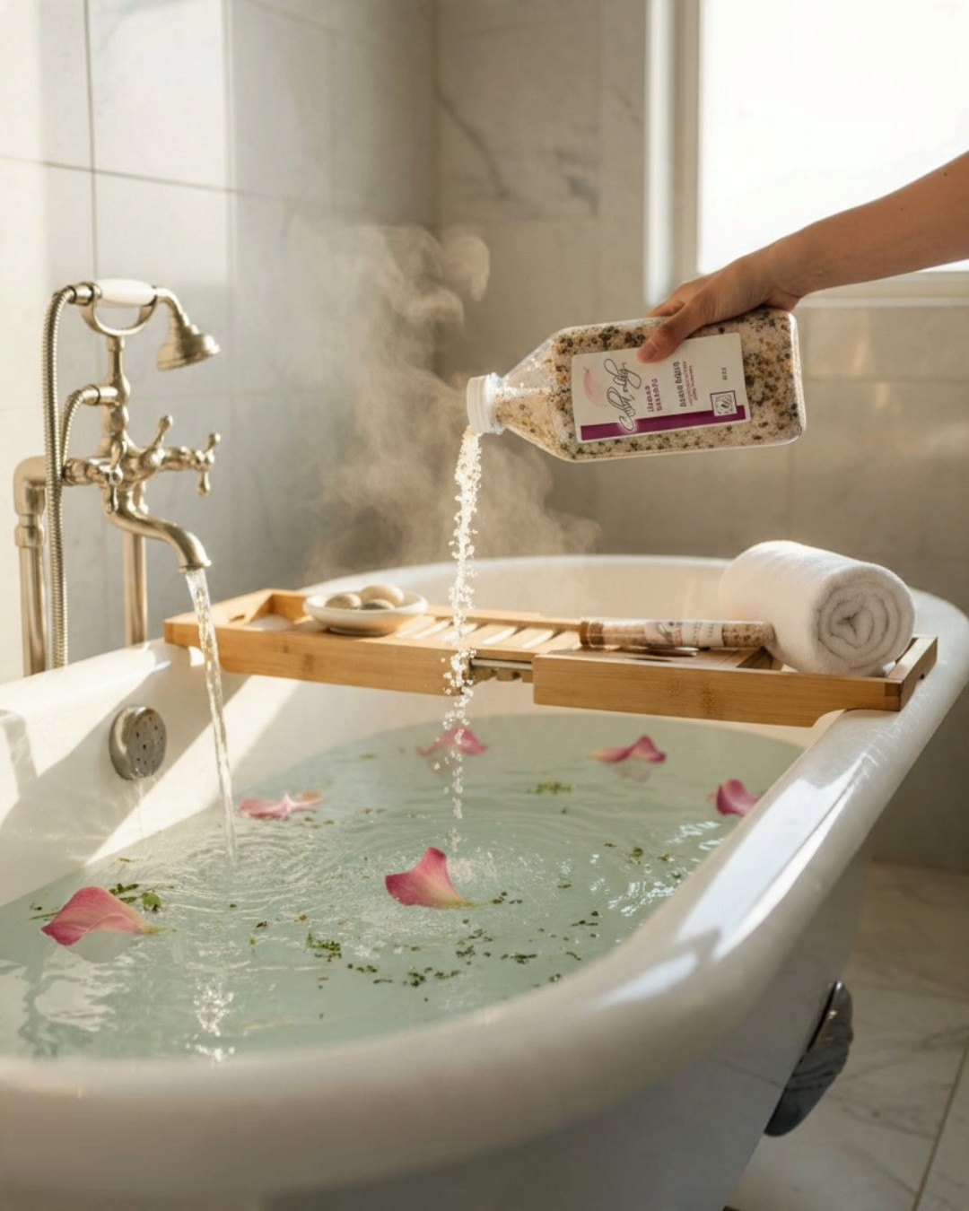 Person pouring a bath bomb into a steaming bathtub filled with water and rose petals.