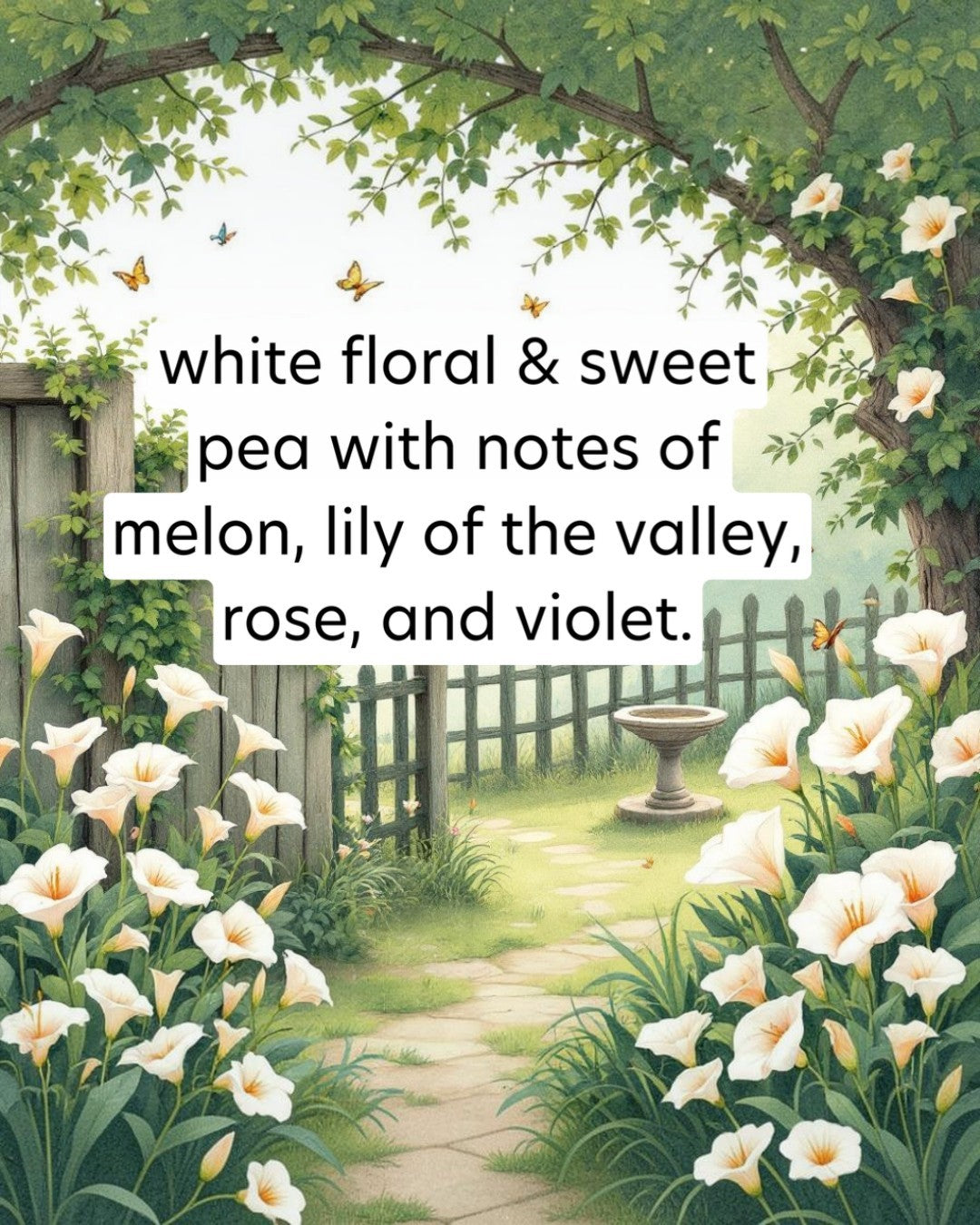 Garden scene with white flowers, butterflies, and a path leading to a fountain.