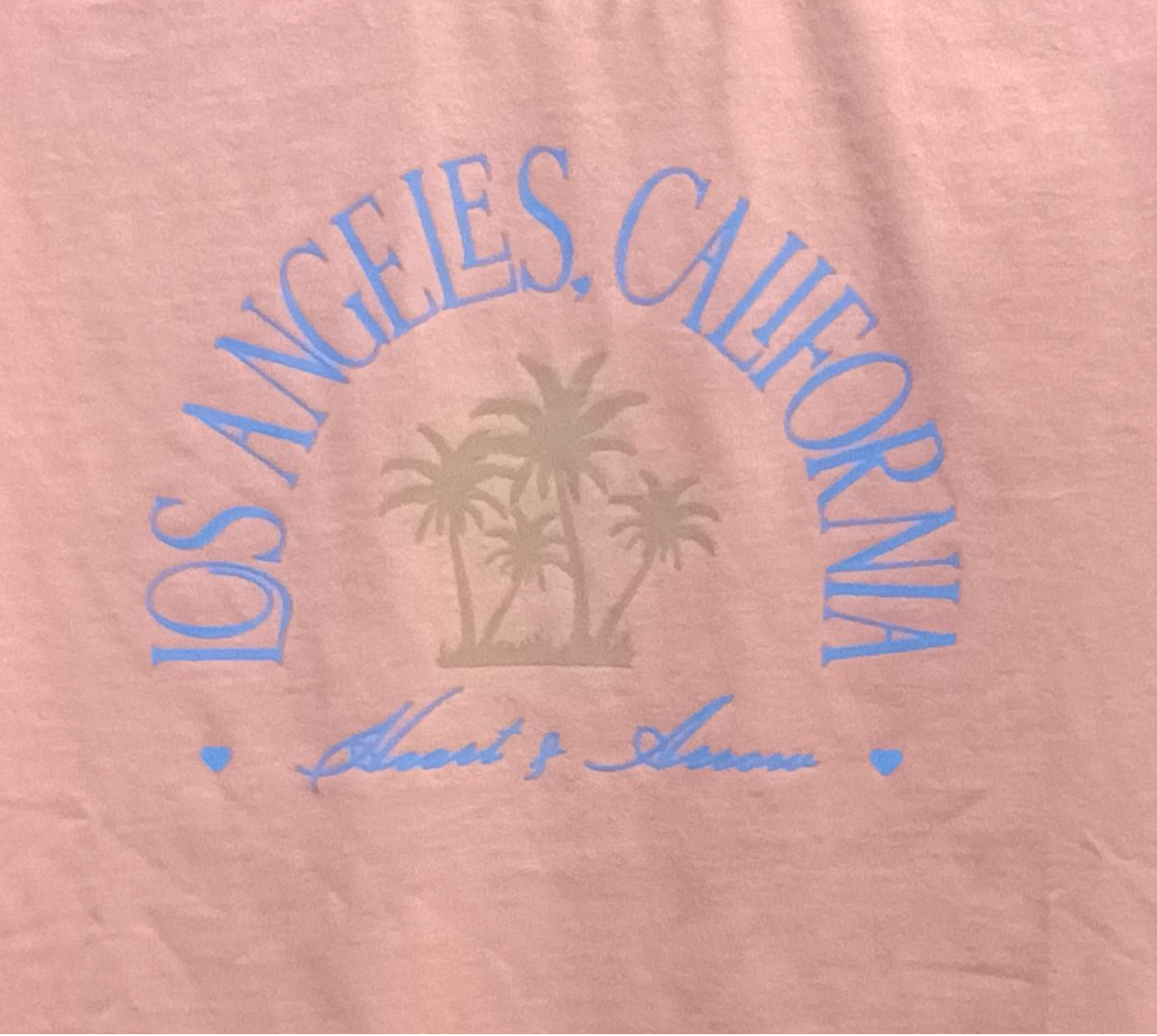 Pink shirt with 'Los Angeles, California' text and palm tree design on a white background