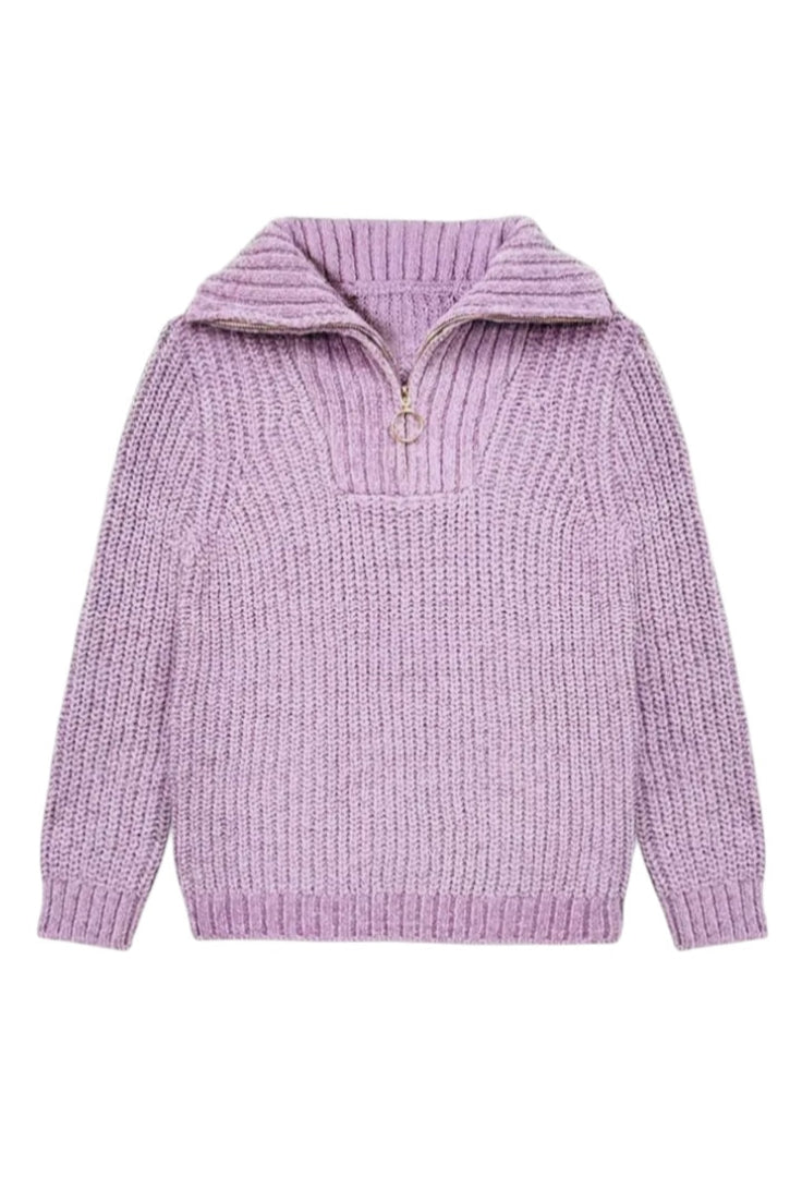 Purple knitted sweater with a hood on a white background