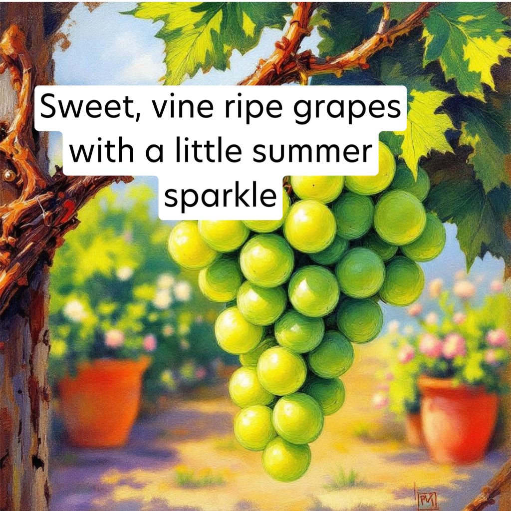 Painting of green grapes on a vine with text overlay