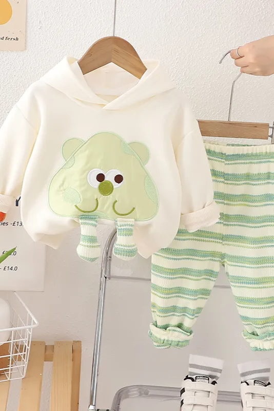 Green Cartoon Hoodie with Striped Joggers - Calla Lily Cosmetics + CL kids