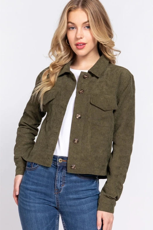 Junior - Olive Green Corduroy Jacket - Calla Lily Cosmetics + CL kids