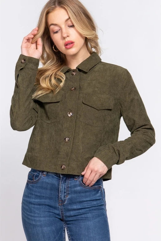 Junior - Olive Green Corduroy Jacket - Calla Lily Cosmetics + CL kids