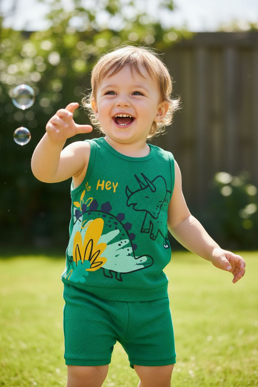 Child wearing a green tank top with dinosaur design outdoors