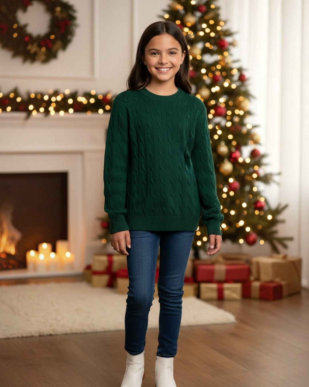 Woman wearing a green sweater in a festive room with Christmas decorations