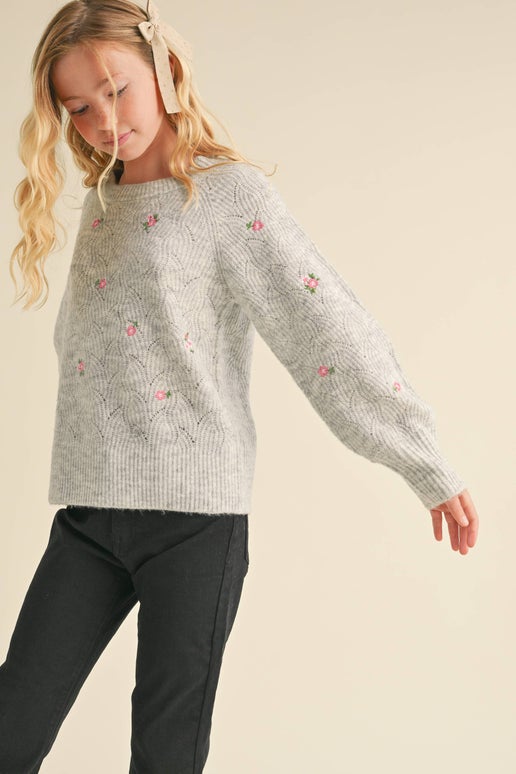 Tween Grey Flower Sweater - Calla Lily Cosmetics + CL kids