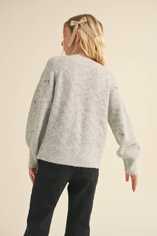 Tween Grey Flower Sweater - Calla Lily Cosmetics + CL kids